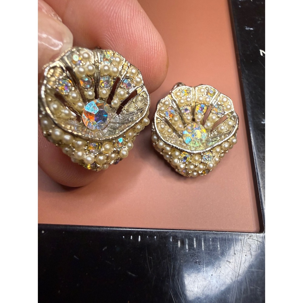 Vintage AB Rhinestone Faux Pearl Scalloped Shell Clip On Earrings Gold Tone